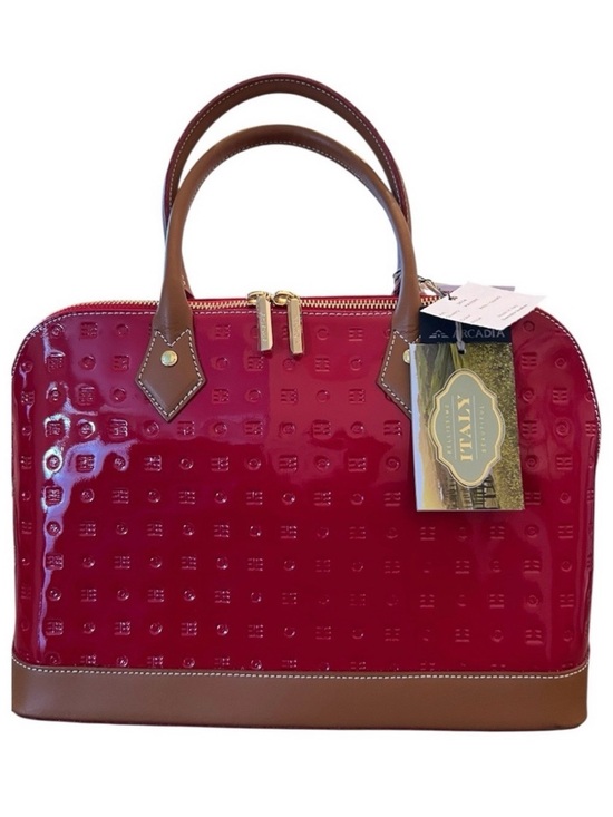 Arcadia Handbags - Arcadia Red Patent Satchel with Brown Trim